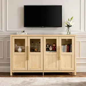 4‑Door Glass‑Front Sideboard Buffet Cabinet, Modern Wooden Storage Credenza with Gold Handles, Natural Wood & White TV Console Cabinet for Dining Room Living Room