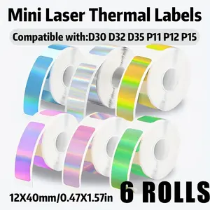 6 Rolls Color Laser Thermal Label Paper, 12x40mm Printable Sticker Roll, Thermal Tape for Printers, Compatible with D30-D35 Models