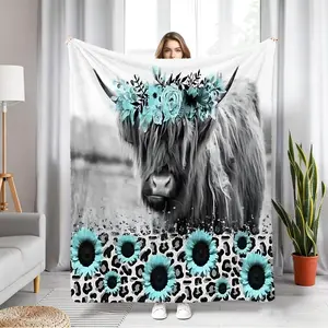 [Highland Cow & Sunflower Throw Blanket] Boho Highland Cow Flannel Blanket with Teal Floral & Leopard Print - Soft, Cozy Decorative Throw for Couch, Bed, Camping, Office & Travel - Perfect Aesthetic Gift for Home Decor Lovers (100% Polyester)