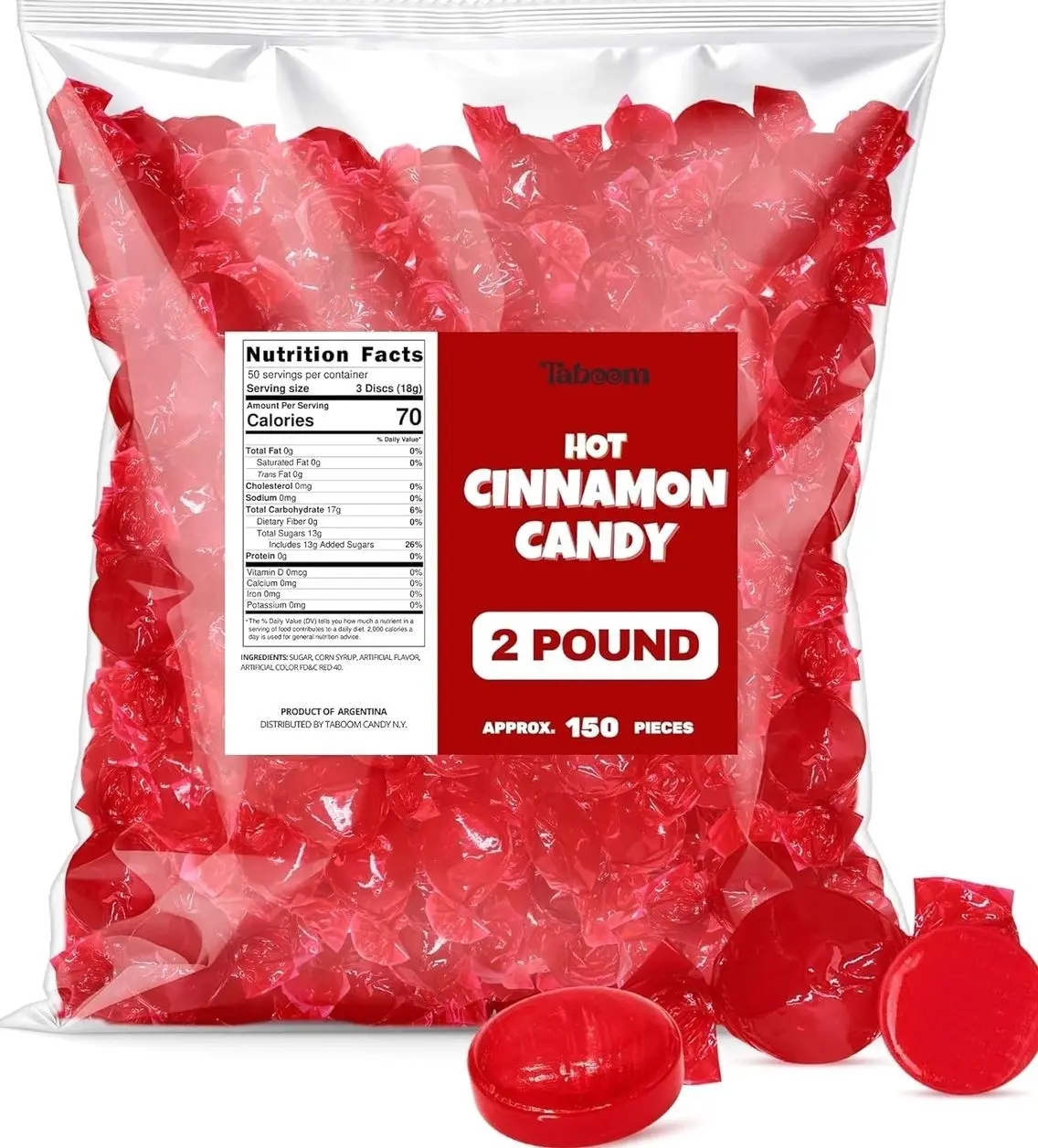 Cinnamon Hard Candy Discs 2 lbs Bulk Pack Christmas Candies - Approx. 150 Individually Wrapped Spicy Cinnamon Flavored Hard Candies for Parties, Offices & Treats