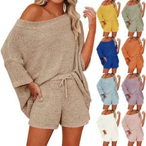 Beotyshow Women's 2 Piece Outfits Sweater Sets Off Shoulder Knit Top Shorts Matching Suits Cute Pajama Lounge Set