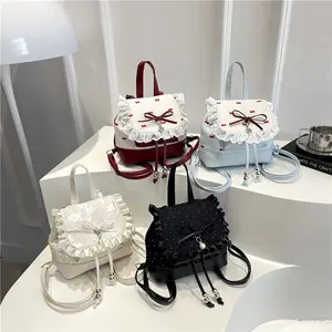 Polka Dot Lace Bow Mini Backpack for Women, Cute Coquette Y2K Bucket Bag, Lightweight Small Backpack with Adjustable Straps, Aesthetic School Travel Daily Outfit Bag for Girls & Teens