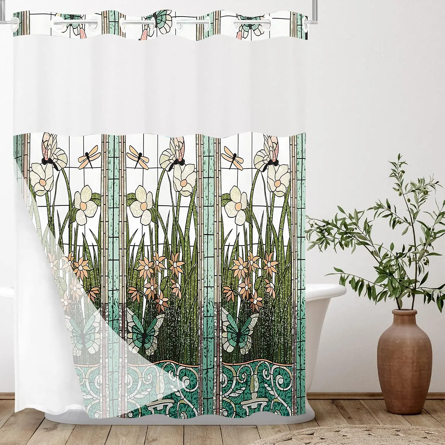 Butterfly Garden Glass Window Pattern Waterproof Shower Curtain Set, Shower Curtain Liner, Snap Button Fabric Lining, Transparent Mesh Top, Bathroom Shower Curtains, Floral Shower Curtains For Bathroom