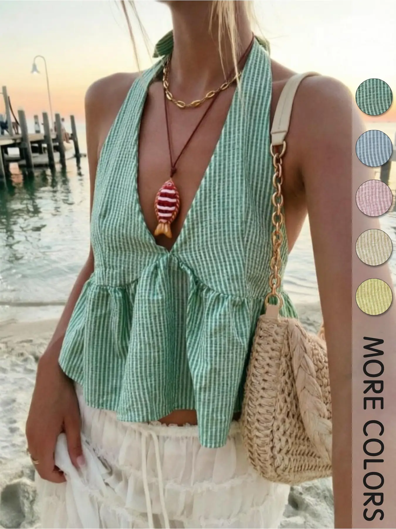 2026 Summer Halter Neck, Tie Side Deep V Striped Top For Women, Casual Halter Backless, Vacation Sleeveless Backless Peplum Camisole, Ruched Beach Crop Top, 5 Colors Breathable Linen Summer Outfit, Resort Style For Vacation Daily Wear, Halter Neck Tops