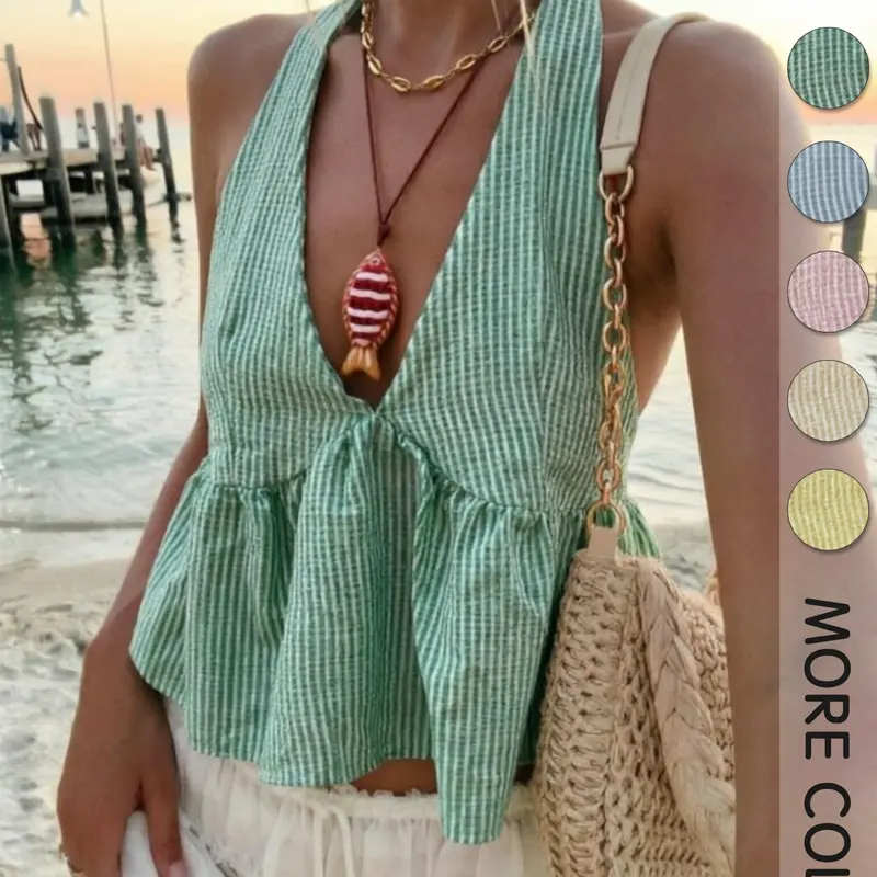 2026 Summer Halter Neck, Tie Side Deep V Striped Top For Women, Casual Halter Backless, Vacation Sleeveless Backless Peplum Camisole, Ruched Beach Crop Top, 5 Colors Breathable Linen Summer Outfit, Resort Style For Vacation Daily Wear, Halter Neck Tops