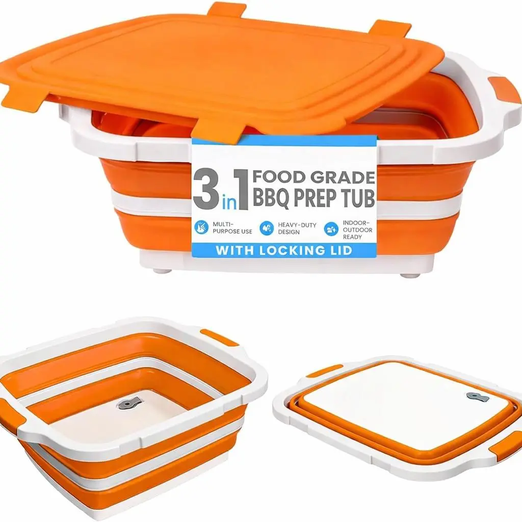 BBQ Prep Tub, 8L Collapsible BBQ Tub with Locking Lid, 3-IN-1 Large Cutting Board, Portable Food Prep Station for Kitchen and Camping, Perfect for Grilling, Smoking & Outdoor Cooking