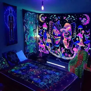 Room Decor Mushroom Pattern Neon Color Tapestry, 1 Count Hanging Backdrop Decoration, Glow under UV Light, Wall Hanging Blanket for Dormitory, Bedroom Decor Accessories, Design, Interior, Home Goods