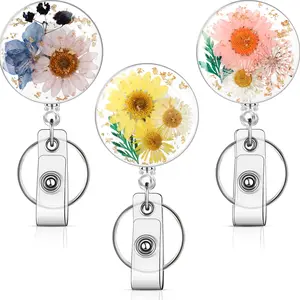 3 Pcs Flower Badge Reel Convenient Badge Reels Retractable with Key Ring Nurse Badge Holder Dried Floral Resin ID Badge Clip for Teacher Nurse Doctor Worker (Round)