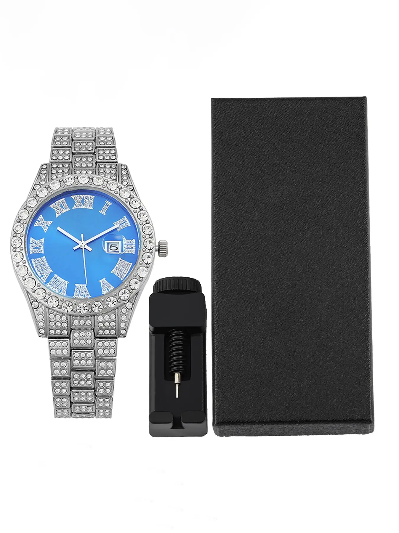 Fashion Quartz Analog Watch Hip Hop Punk Rhinestone Silver Color, Round Face, Mineral Glass, Street Style, Unisex Party Jewelry Gift Box, Rhinestone Wristwatch, Trendy Wristwatch, Fashionable Watches