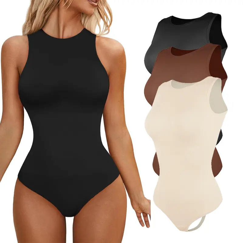 Women's Tummy Control Shapewear Bodysuit High Neck Body Shaper Sleeveless Racerback Thong Body Suit Sexy Tank Tops Smoke Cloud Collection