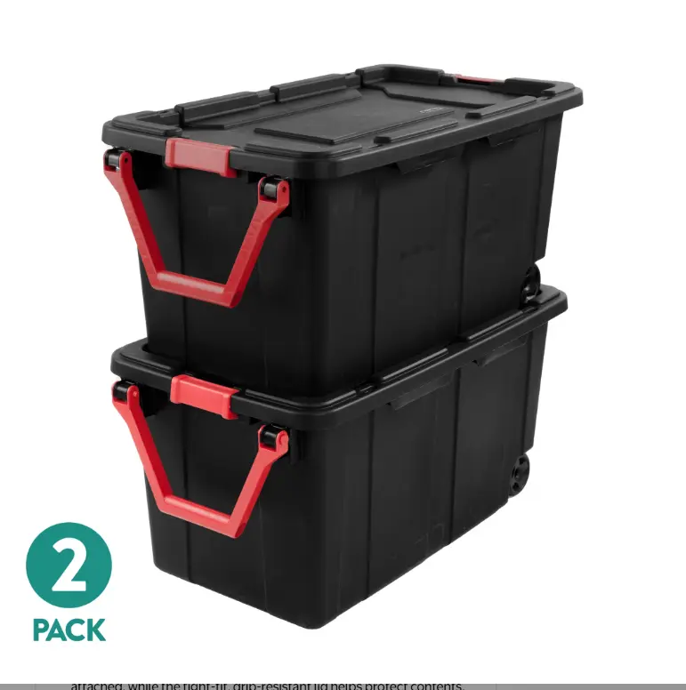 2-Pack Extra-Large Wheeled Industrial Storage Bin - 40 Gal Durable Plastic Tote with Latching Lid, Pull Handle, Black Home Organizer Storage Bin with Lid