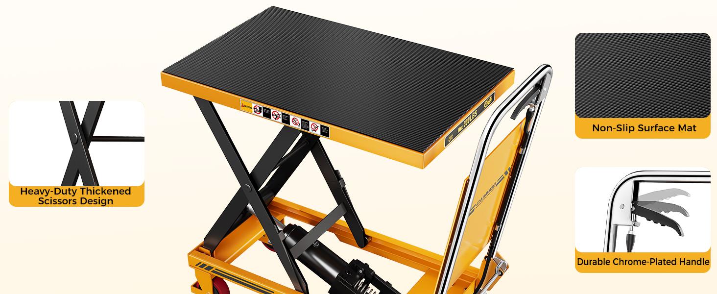 CAMMOO Foldable Hydraulic Lift Table Cart, 330lbs Capacity, 28.5" Lifting Height, Single Scissor Lift with Non-Slip Pad & Thickened Scissors Design for Material Handling and Transportation, Yellow