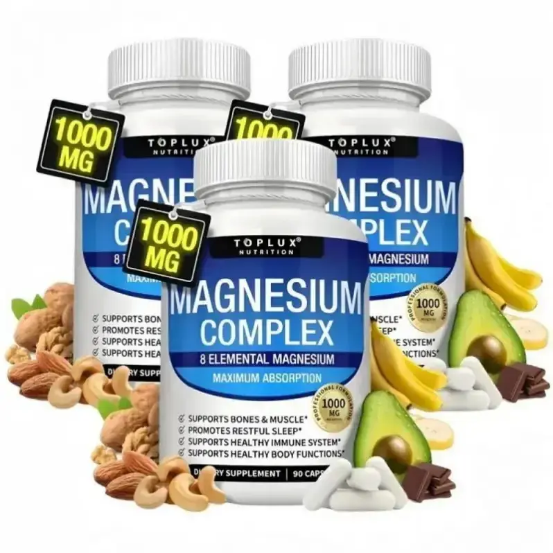 Magnesium Complex Supplement 8 Elemental 1000mg - Magnesium Glycinate, Citrate, Malate, Taurate, Chelated for Easy Absorption for Bones, Muscle, Recovery, Energy, Vegan Non-GMO 90 Capsules