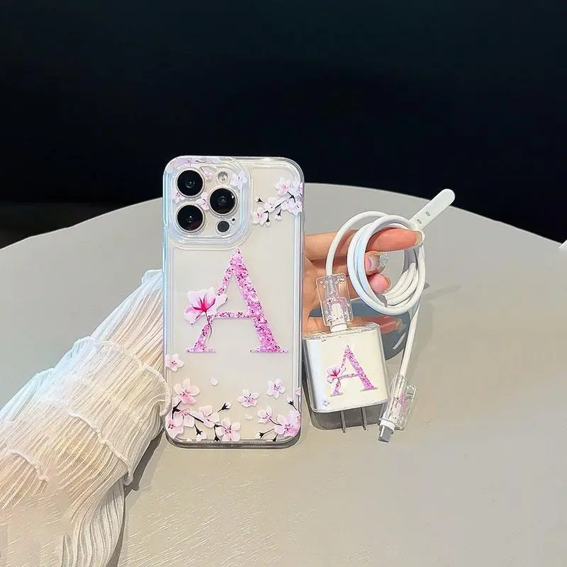 Initials Letter A Pattern Phone Case with Charger Saver & Cable Protector & Storage Bag & Phone Chain, Accessories, Anti-drop Cellphone Protective Case for iPhone, Shockproof