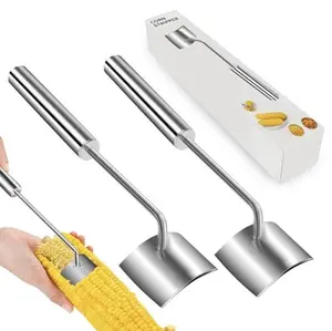 Stainless Steel Corn Peeler & Corn Stripper Tool, Corn Cob Kernel Remover, Long Handle Ergonomic Corn Cutter, Manual Corn on the Cob Stripper, Kitchen Gadget for Easy Corn Cutting, Vegetable Peeler Tool, Home & Outdoor Cooking 2PCS