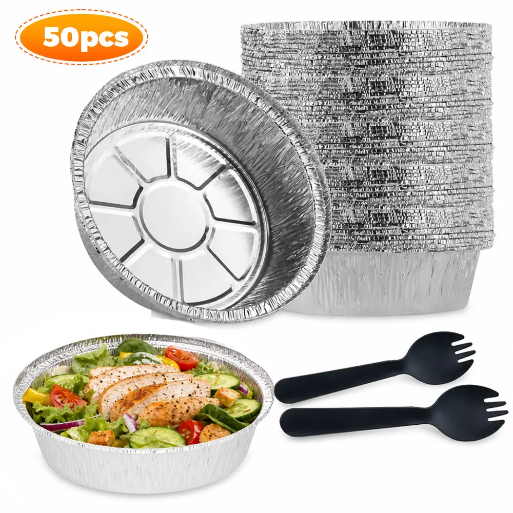 50 Pack Disposable Aluminum Foil Bowls with 50 Disposable Sporks, 6 Inch Round Tin Foil Pans, Oven & Air Fryer Safe Single Serving Food Containers for Meal Prep, Takeout, Baking, Catering