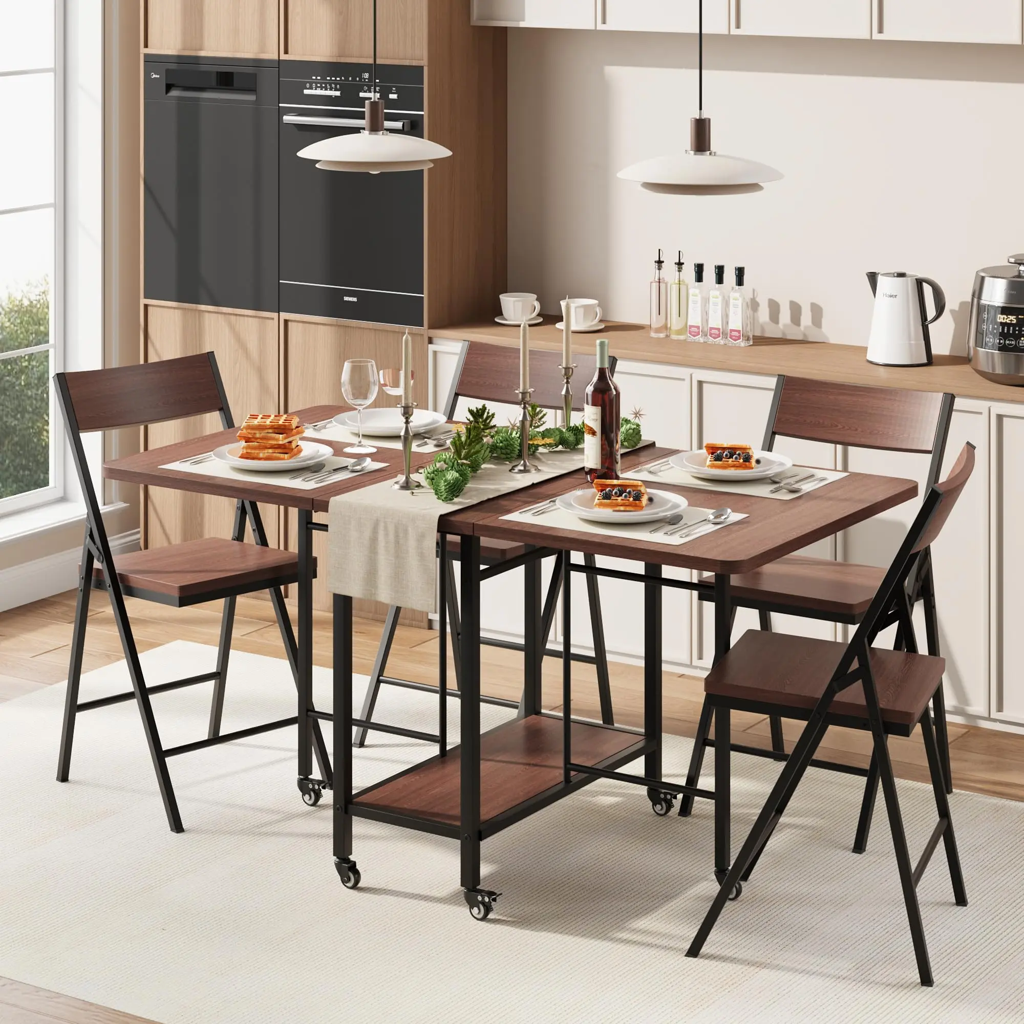 5PCS Foldable Dining Table Set - Drop Leaf Expandable Table with Storage, 4 Folding Chairs & Swivel Wheels, Kitchen Corners & Less Crowded Rooms Commercial Restaurant Furniture