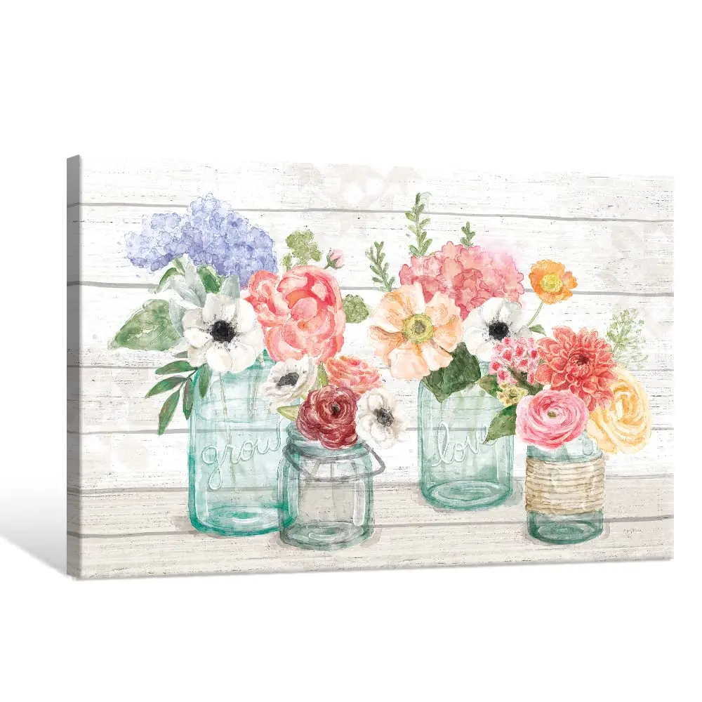 Watercolor Flower Kitchen Wall Decor Floral Canvas Wall Art Blossoms in Mason Jar on Retro Wood Background Large Framed Artwork for Kitchen Bedroom Living Room