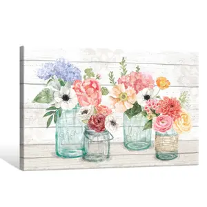Watercolor Flower Kitchen Wall Decor Floral Canvas Wall Art Blossoms in Mason Jar on Retro Wood Background Large Framed Artwork for Kitchen Bedroom Living Room