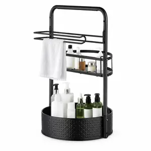 Rotating 2-Tier Kitchen & Bathroom Rack with Paper Towel Holder – 360° Lazy Susan Organizer, Height Adjustable Metal Rack for Spices, Condiments, Oil Bottles, Toiletries, Countertop & Cabinet, Non-Slip, Easy to Clean, Black
