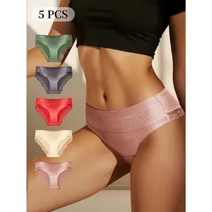 QUASTI 5-Pack No-Show Mid-Waist Lace Panties, Comfortable & Invisible Underwear - Luxurious & Elegant Lace To Enhance Your Style, Minimalist Design, S–XXL Lace Seamless Undershorts Fabric