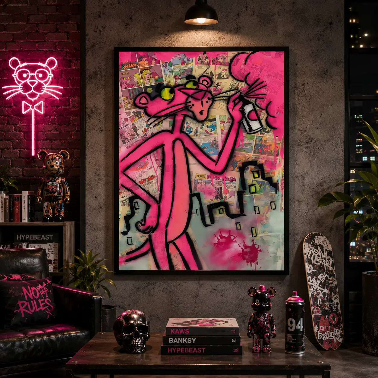 Pink Panther Cartoon Canvas Wall Art Print - Creative Design Print, Animated 80s Cartoon Character Graphic Wall Arts, Lightweight Decor Inspo for Bedroom, Gaming Room Home Decor Gift, Artistic