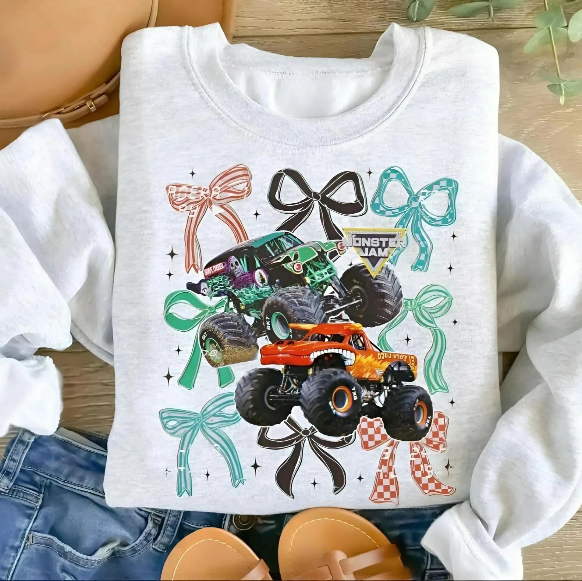 Monster Jam Coquette Bow Sweatshirt, Cute Monster Truck Graphic Shirt, Monster Truck Shirt, Truck Lover Shirt, Racing Truck Outfit, Gift for Truck Fans, Gift for Boys Girls, Trending Tee..
