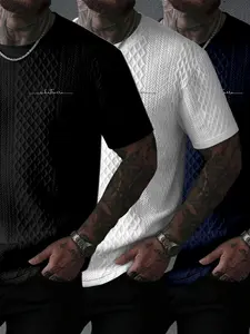 Men's Casual Textured Round Neck Top Set, Comfortable Fabric, Letter Print, Ideal for Travel and Daily Office Wear