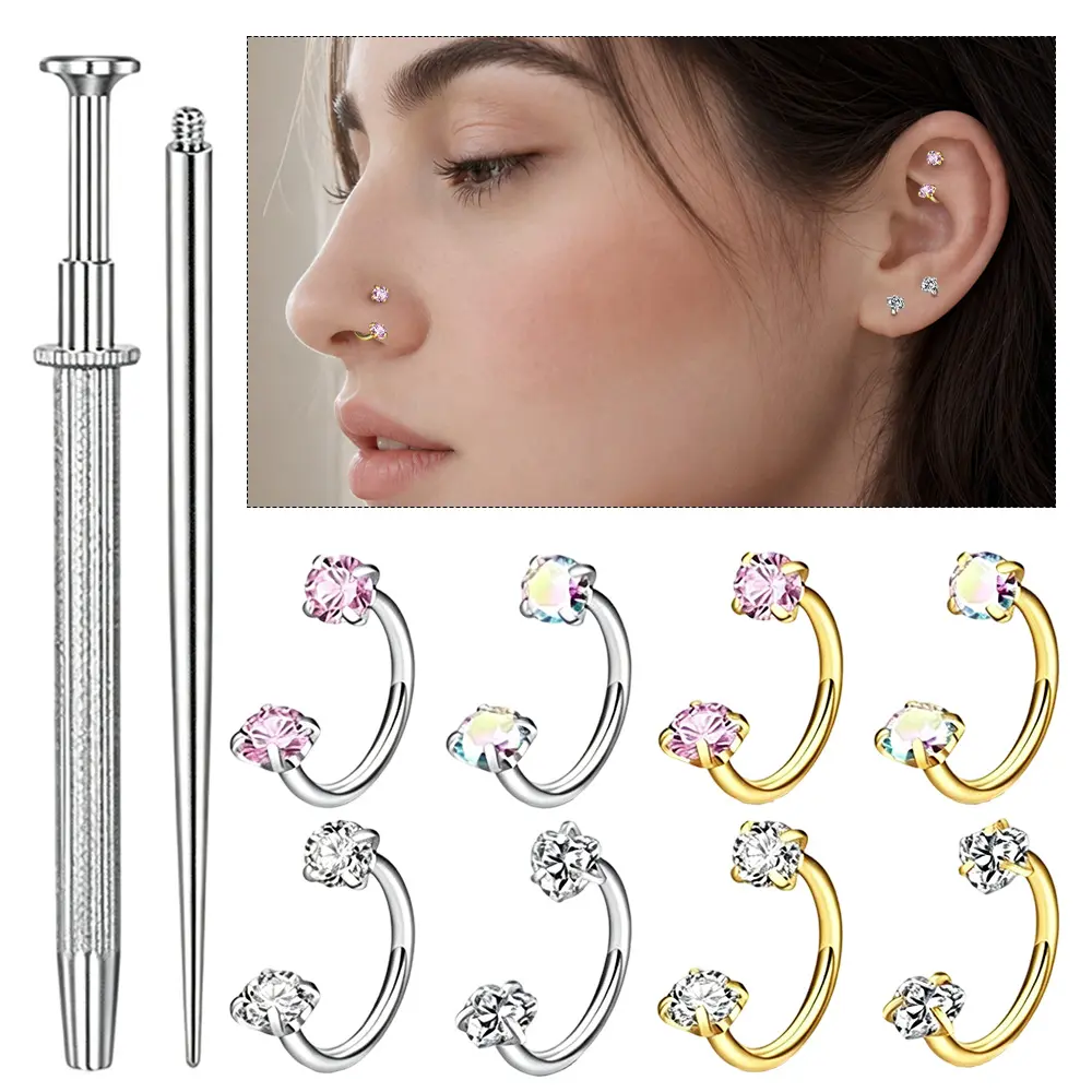8PCS Horseshoe Nose Ring for Women Double Gem Horse Shoe Nose Ring Hoop Surgical Steel Silver Gold Cartilage Helix Tragus Earring Hoops Labret Lip Piercing Jewelry Small Septum Rings 1pcs puncture tool and 1pcs gripping tool