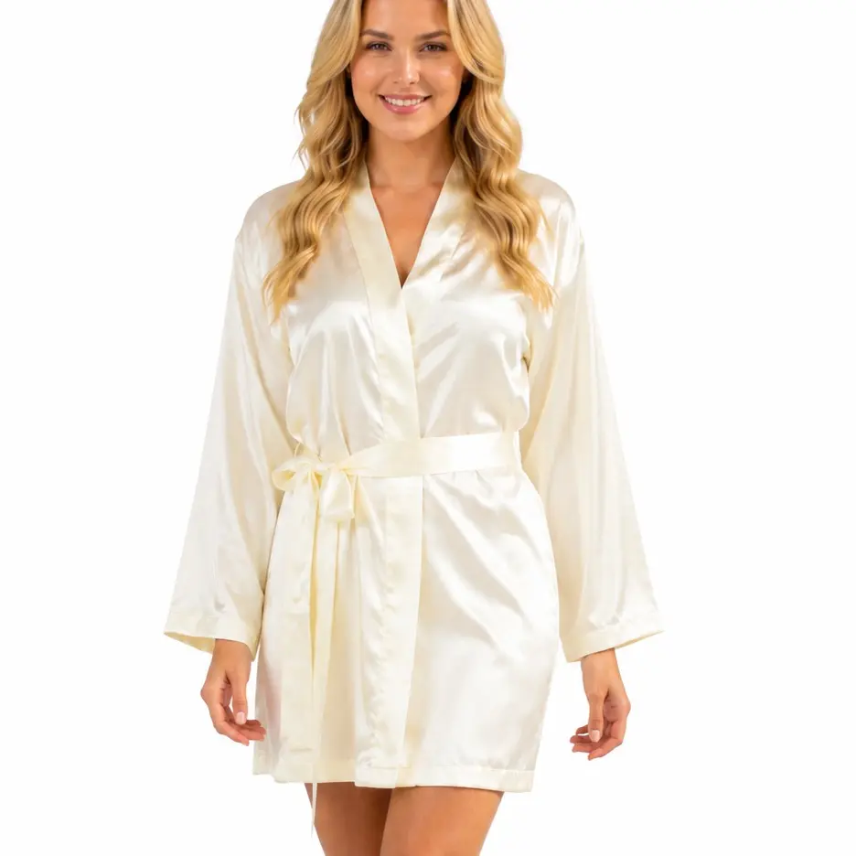 Up2date Fashion Women's Polyester Satin Charmeuse Loungewear Robe - Short, With Strap & Belt, Off White/Ivory, Size S-2X, Style Gwn-11, Ideal For Party & Wedding