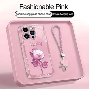 Suitable for [iPhone 14 Pro] high-end women's phone case🤩，a beautiful four-leaf clover lanyard is included🍀，exquisite and sophisticated rose pattern, a phone case that brings you good luck YM99