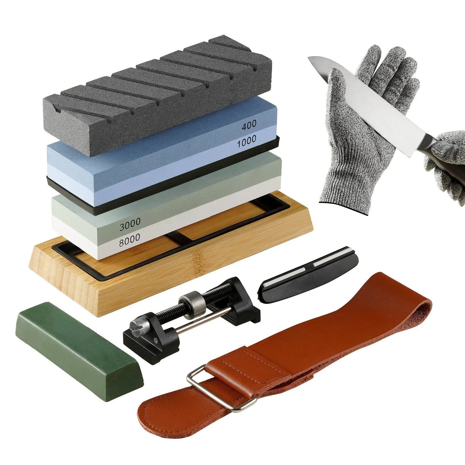 VEVOR Whetstone Knife Sharpening Kit, 2 Dual-Sided Grit Whetstones 400/1000 3000/8000, 10PCS Knife Sharpener Kit with 3 Non-Slip Bases, Flattening Stone, Angle & Honing Guide for All Knives, Scissors