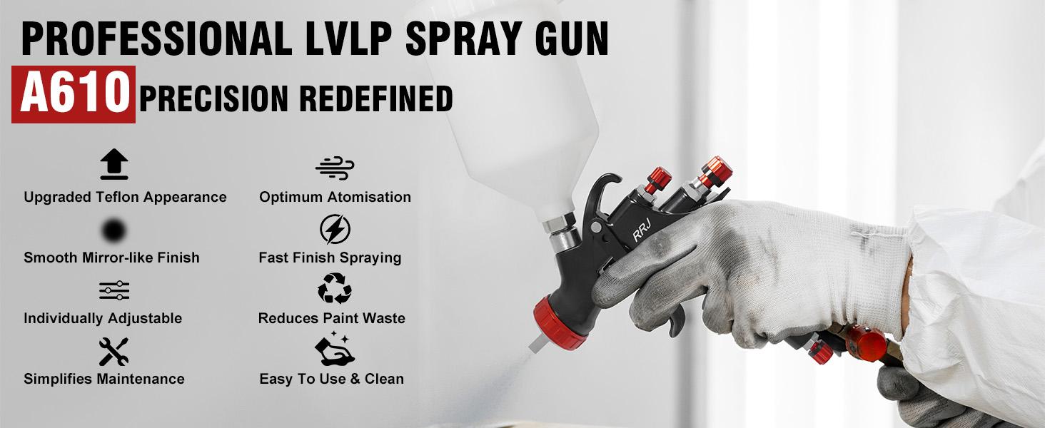 RRJ A610 LVLP Air Spray Gun Premium Kit, with 1.3/1.7/2.0mmNozzles & Air Regulator, 650ml Mixing Cup & 10xDisposable Cups,  Gun for Cars, Furniture, Fence,Varnish&Top Coat high capacity container automotiveadjustable Airbrush Hardware Industrial Met pick