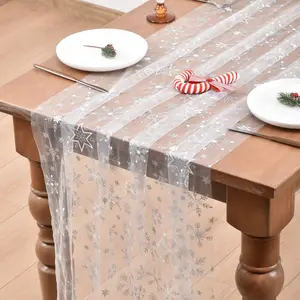 4 count White  Christmas Snowflake Gauze Table Runner Glitter Metallic Foil 10ft Sheer Tulle Table Runner for Wedding Birthday Party Winter Festival Holiday  Decor