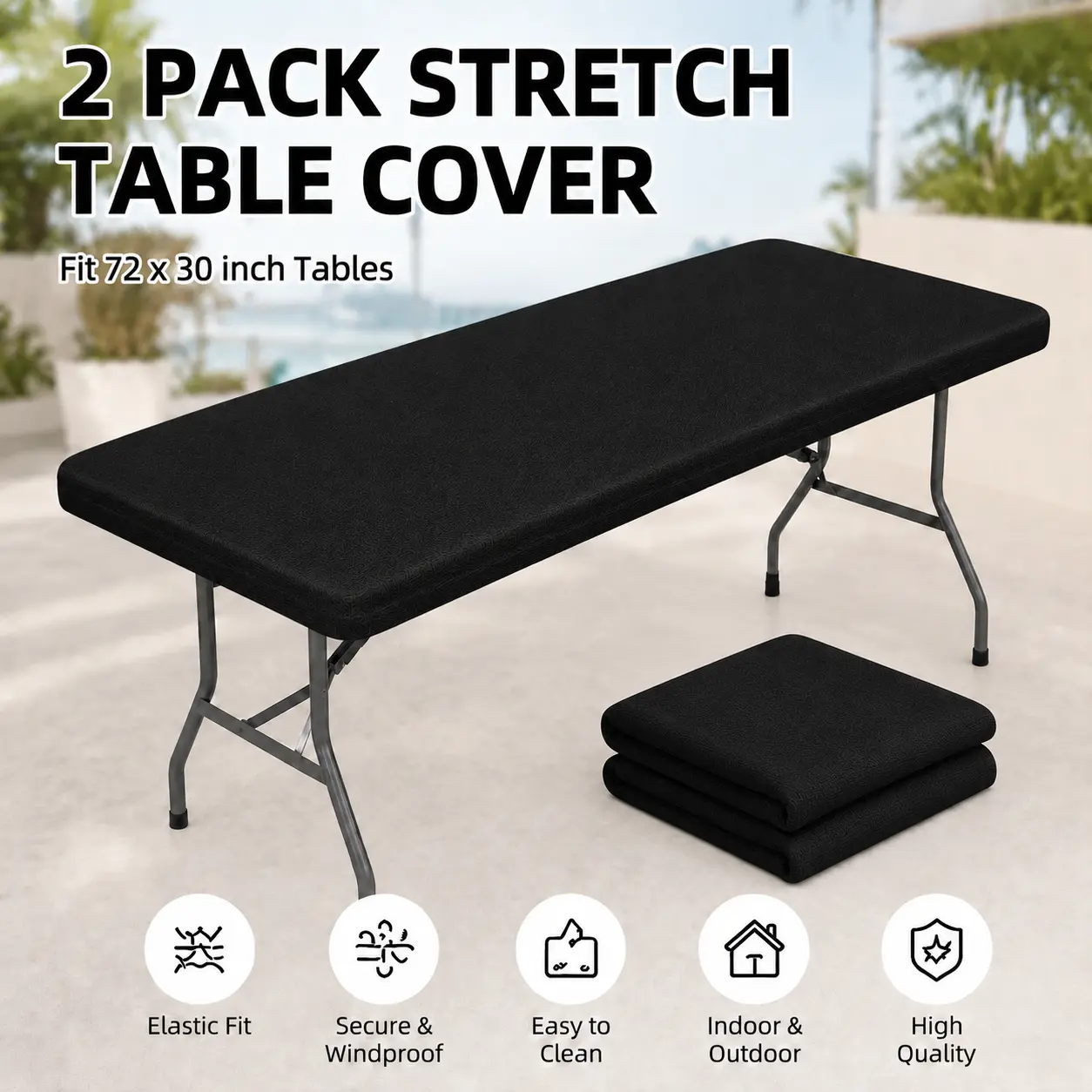 2-Pack High-Quality Rectangle Stretch Table Covers for 6ft Tables, 30x72 Inches Secure Washable Polyester, Fits Indoor-Outdoor Parties Weddings