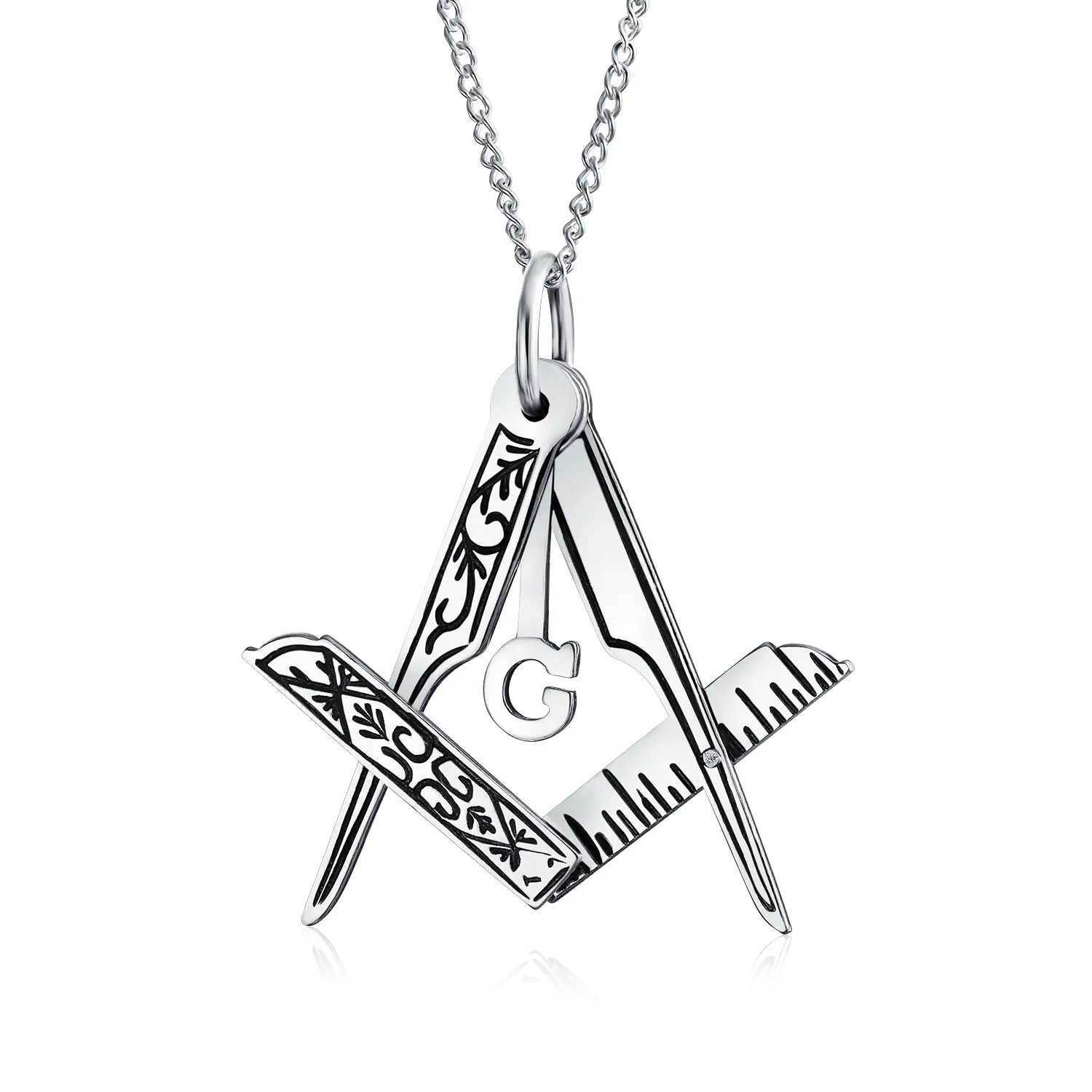 Masonic Freemason Compass Pendant Necklace in Oxidized Sterling Silver Chain