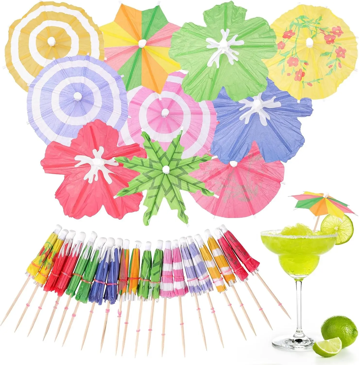 [110 PCS] Cocktail Drink Umbrellas Toothpicks, Assorted Colorful Styles | Mini Paper Cocktail Garnishes Cupcake Toppers for Luau Parasols Hawaiian Tiki Party Decorations