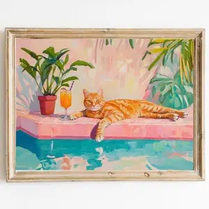 Ginger Cat Tropical Pool with Aperol Spritz Art Print | Cute Quirky Whimsical | Cocktail Art Bar Cart Art Print Gift