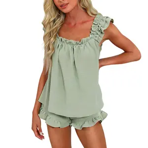 Women Two Piece Pajamas Set Soft Ruffle Shoulder Strap Tank Tops and Shorts Sleepwear Sets outdoorfun