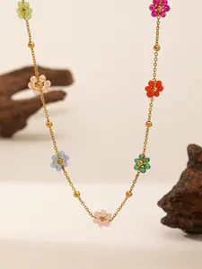 Women's Waterproof Stainless Steel Necklace, Handmade Colorful Flower Choker, Summer Beach Vacation Accessory, Random Colors & Beads, Modern Versatile Accessories