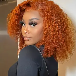 TiktokShop ChristmasGift Nerkre 16 Inch Orange Ginger Water Wave BOB Wig Human Hair Short Curly Frontal Wigs For Black Women 13x4 HD 350 Ginger Orange Lace Front BOB Wigs Human Hair Pre Plucked