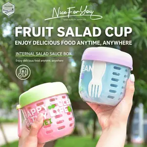 Fruit Salad Cup with Strainer Portable Leak-Proof Salad Bowl with Fork & Dressing Cup, Double-Layer Drainage Fruit Cup Reusable Food Container for Gym Picnic Commute