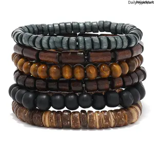 Men's 6-Pcs Wood Bead Bracelet Set - Boho Stackable Tribal Style, Men's Accessories, Ideal Anniversary Gift