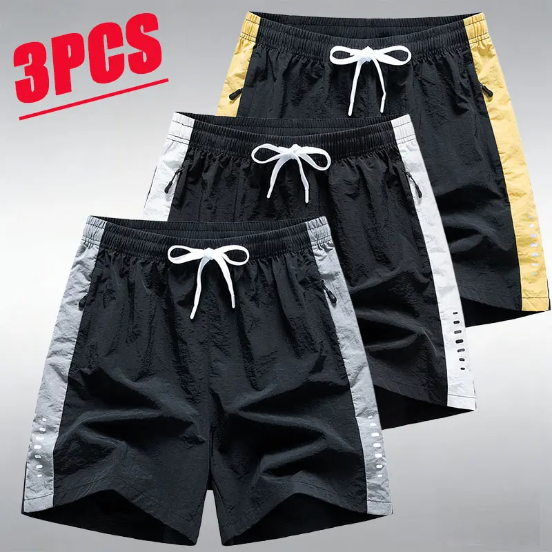 Men’s 3-Pack Colorblock Quick-Dry Sports Shorts, American street-style streetwear design, ice silk breathable fabric that stays cool and wicks sweat without feeling clingy, drawstring elastic waistband for a snug fit without constricting the belly, zipper