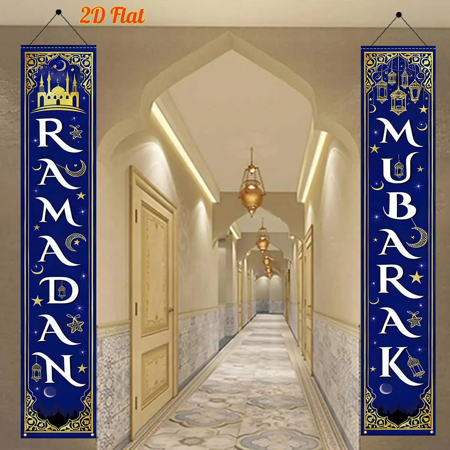 2D Flat Banner Party Sign, Large Size 12x70.8 Inches, Ramadan Kareem Door Flag, Durable Polyester Fabric, Indoor Outdoor Home Decor