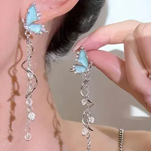 Elegant Butterfly Tassel Earrings, Alloy Drop & Dangle with UV Plating, Glitter Style Ear Studs for Daily and Party Wear - Blue Butterfly Long Statement Earrings