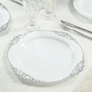 20-Pack Economy Plastic Charger Plates 13" Round White with Silver Embossed Baroque Rim - Stylish Dinner Party Serving Plates