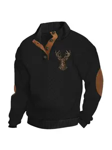 fall outfits Men's autumn and winter fashion jacquard diamond-patterned color-blocking top and hoodie, Christmas hit reindeer print, semi-open button design, brown patches on the elbows, high-quality outfit