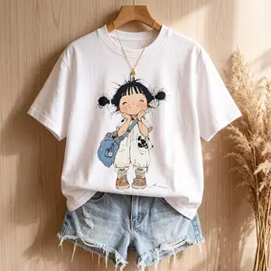 Oversized Tshirt Women Whimsical Sketch Girl with Backpack Graphic Y2K Aesthetic Casual Top Shortsleeve Womenswear Streetwear Cartoon Figure Crew Neck Medium Length