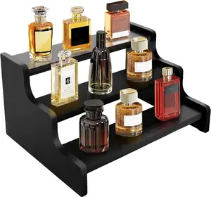 Wooden Cologne Organizer for Men Perfume Stand with Anti-Slip Washers 3-Tier 9.4In Eco-Friendly Wood Display Risers for Figures Fragrances Dessert Makeup (Black)